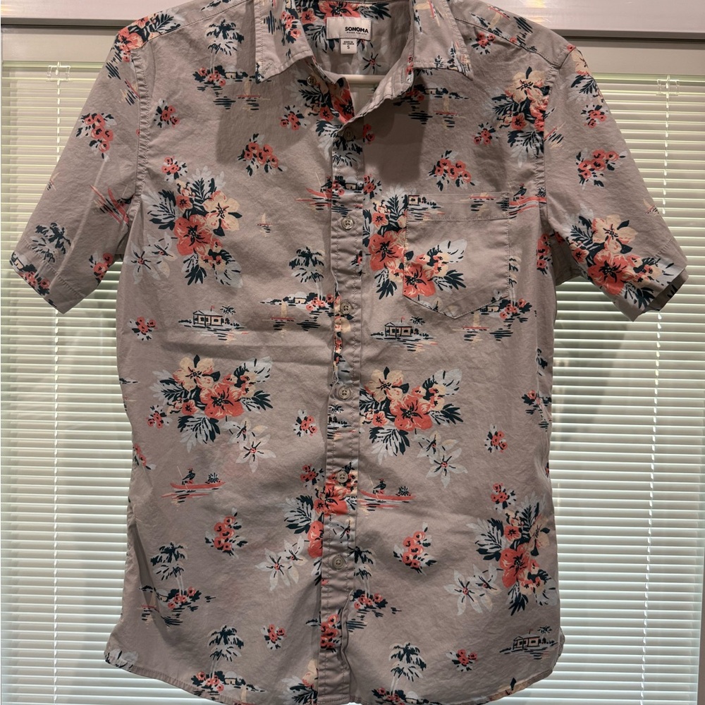 Sonoma Gray and Red Casual Button Down Shirt